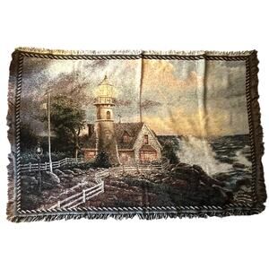 Tapestry Throw Blanket Lighthouse by Thomas Kinkade Fringed Coastal 65x41